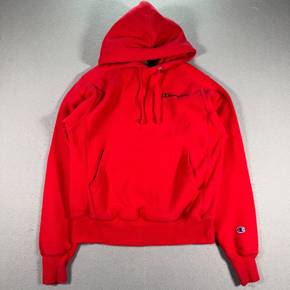 Champion Reverse Weave Hoodie Sweatshirt Adult Small Red Spell Out Fleece Heavy